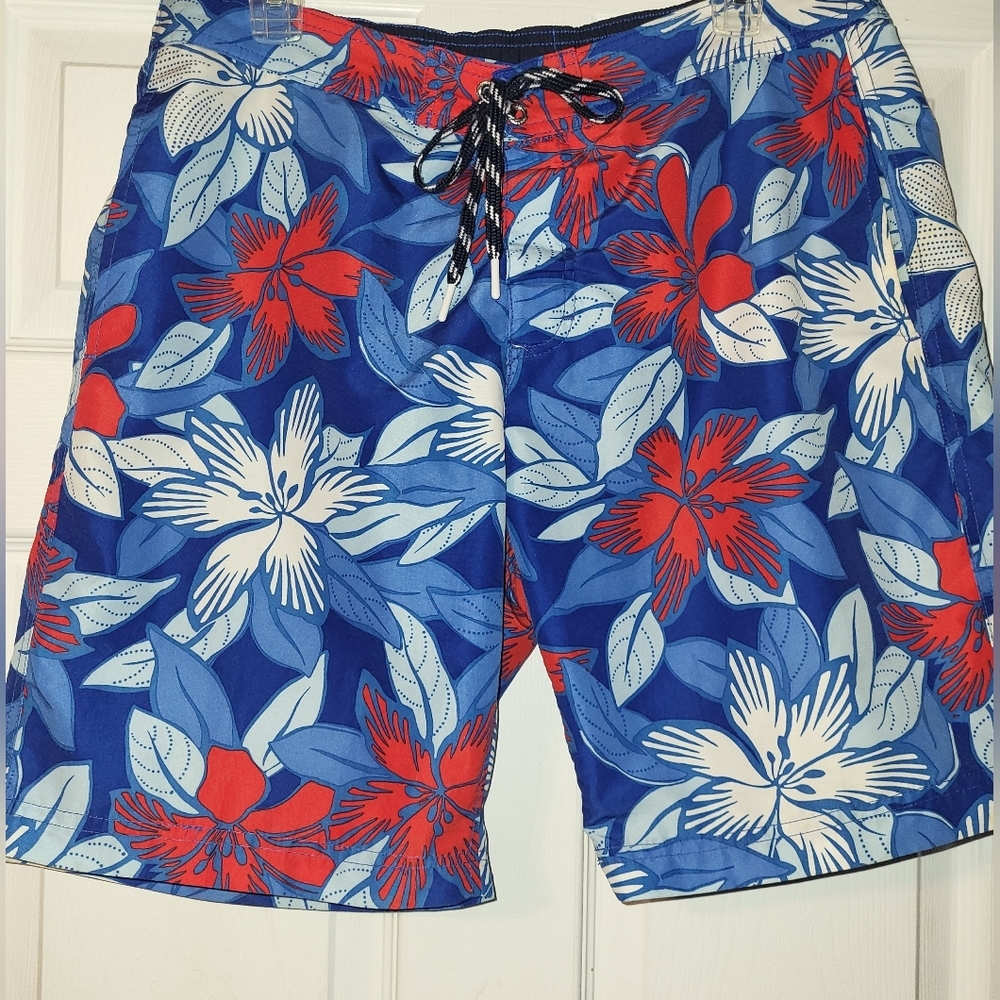 Lands End Swim‎ Shorts Size Medium Floral Tropical Red Blue Patriotic 4th